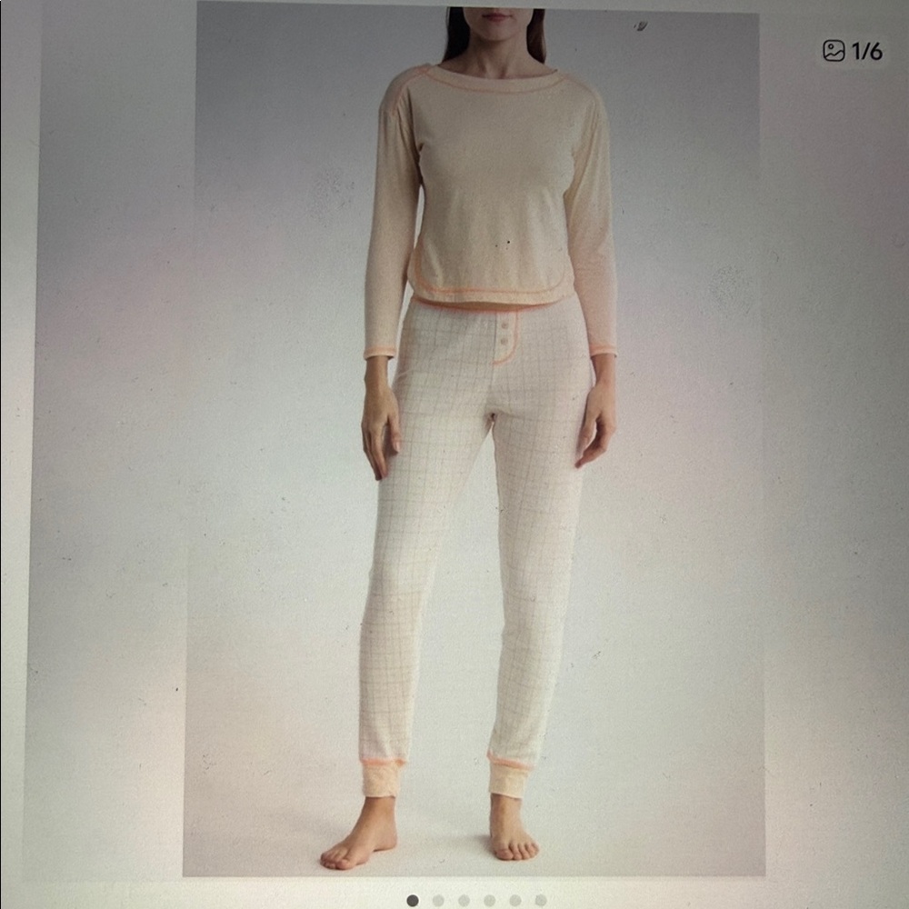 NWT Free People Chill Evening Knit Pajama Set - Size XS Cream and Orange P2P 17”